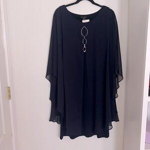 Navy blue mid length formal gown with sheer cape, draping around front and back